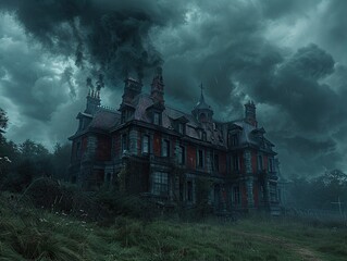 Canvas Print - Eerie Manor Under a Gloomy Sky