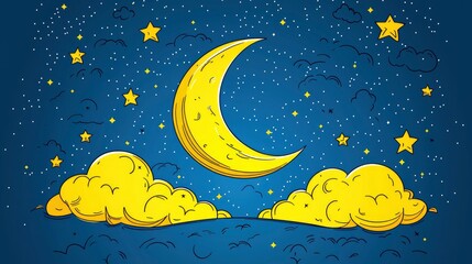 Poster - Hand Drawn Crescent Moon And Stars In Night Sky Illustration