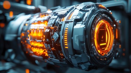 Sticker - Futuristic Technology  Glowing Mechanical Gear  Orange Lights  Abstract Machine  Cyberpunk Design