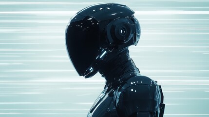 Wall Mural - Futuristic Cyborg in Black Suit with Helmet Against Motion Blur Background