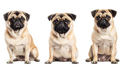 Poster - Pug dog collection (portrait, sitting, standing), animal bundle isolated on a white background as transparent PNG