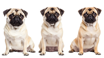 Poster - Pug dog collection (portrait, sitting, standing), animal bundle isolated on a white background as transparent PNG