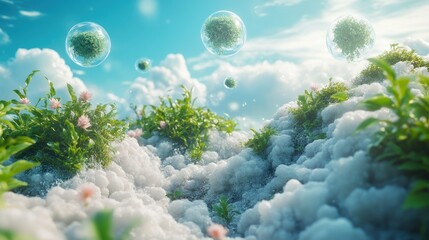 Sticker - Fantasy Landscape with Green Bubbles  Clouds  and Flowers