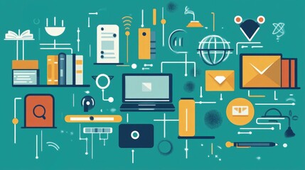 Educational technology infographic with icons for apps, online courses, and digital libraries