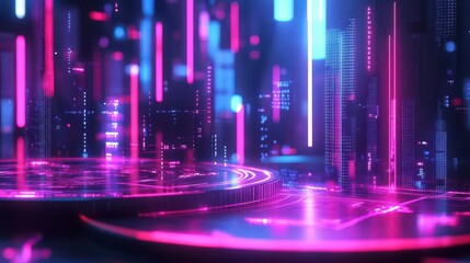 Poster - Futuristic Cityscape with Neon Lights and Digital Interface