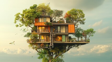 Canvas Print - Modern Treehouse Home with Stunning Sky View