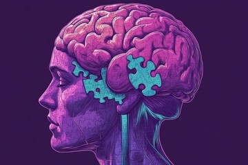 Sticker - Digital artwork of a human head with a pink brain and puzzle pieces symbolizing the complexity of human cognition problem solving and mental health in a vibrant abstract style