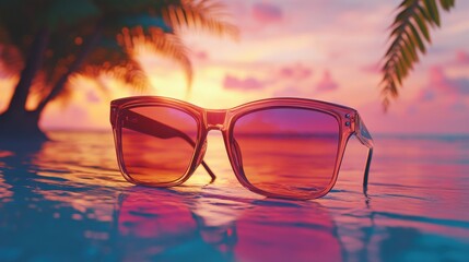 Canvas Print - Sunglasses on Beach at Sunset