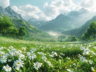 Poster - Mountain Meadow with Snow-capped Peaks