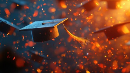 Graduation Cap Floating in Air with Confetti