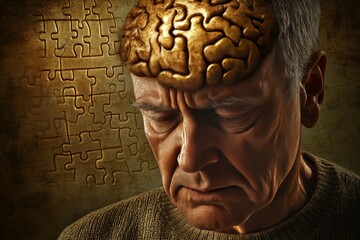 Canvas Print - Elderly man with a brain puzzle integrated into his head symbolizing aging memory challenges and the complexity of cognitive health in a realistic thought provoking portrait