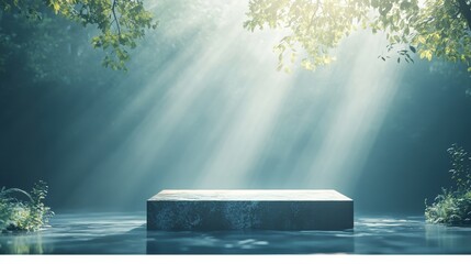 Poster - Stone Platform with Light Rays in Forest Scene with Water Reflection