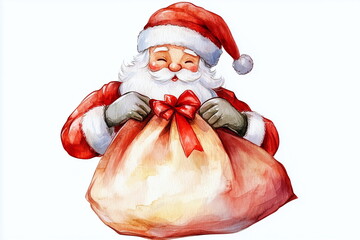 Cute Santa Claus with a bag of presents on white isolated background. Watercolour illustration with copy space. For Christmas and new year greeting card, banner, poster, social media.