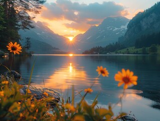 Wall Mural - Golden Sunset Over Mountain Lake