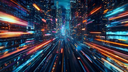 Wall Mural - Speed light trails path through smart modern mega city and skyscrapers town with neon futuristic technology background, future virtual reality, motion effect, high speed light