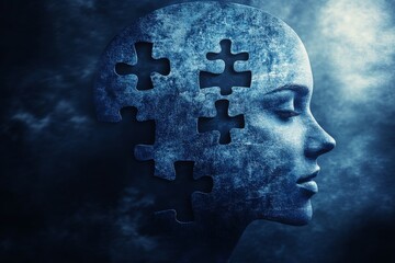 Poster - Abstract profile of a person with puzzle pieces representing the fragmented nature of thought memory and the quest for wholeness in an enigmatic and atmospheric setting