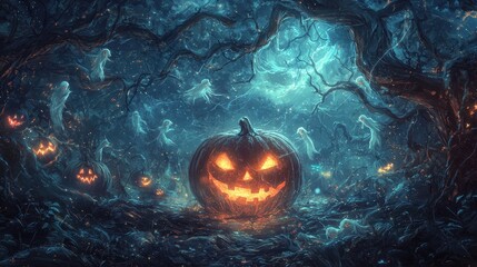 Wall Mural - Spooky Halloween Pumpkin in Haunted Forest with Ghosts