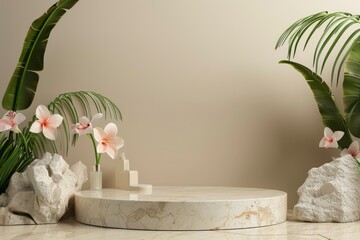 light beige marble stone podium stand for cosmetics and product display on abstract beige background with flowers and green leaves , ai