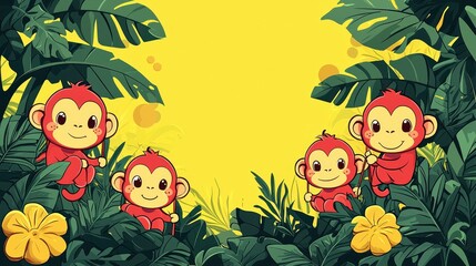 Wall Mural - Cute Monkeys Swinging in the Jungle