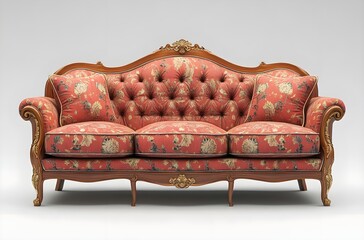 Elegant Red and Gold Sofa with Floral Pattern.