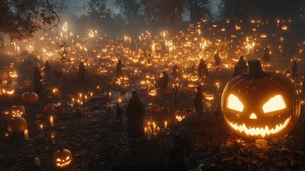 Sticker - Halloween Jack o  Lantern Field with Candles and Silhouettes