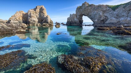 Poster - Sea Arch Rock Formation with Clear Blue Water and Seaweed