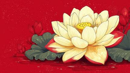 Canvas Print - Elegant White Lotus Flower on Red Background