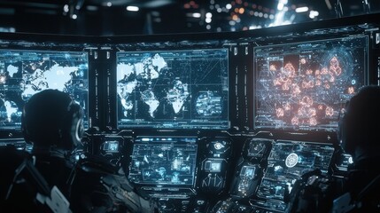 Wall Mural - Futuristic Control Room with Monitors and World Map