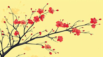 Poster - Blooming Cherry Blossom Branch with Pastel Yellow Background