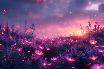 Poster - Magical Sunset Over a Field of Flowers