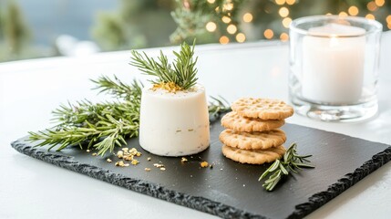 Gourmet Cheese Appetizer with Rosemary and Crackers on Slate Plate