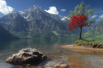 A striking red tree stands alone by a calm lake, surrounded by towering mountains and bright blue skies on a sunny day. Generative AI