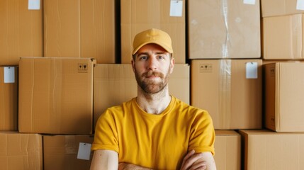 Wall Mural - Confident Small Business Owner Surrounded by Neatly Packed and Labeled Boxes Prepared for Efficient Online Sales Dispatch and Delivery