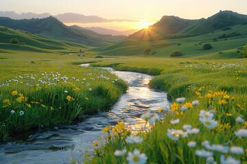 Poster - Serene Sunset Over a Winding Stream