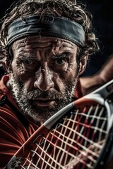 Wall Mural - A man holds a tennis racquet standing on a tennis court, ready to play