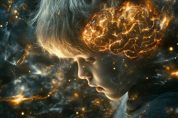 Poster - Surreal image of a child with an illuminated brain surrounded by a cosmic cloud symbolizing imagination and boundless potential