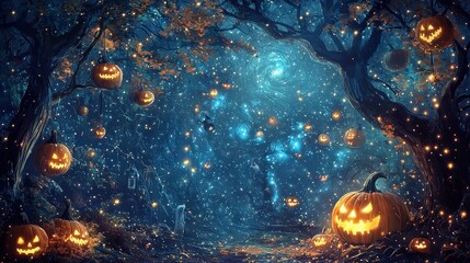 Sticker - Enchanted Halloween Forest with Jack O Lanterns and Fairy Lights