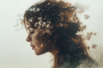 Poster - Artistic portrait of a woman with her hair transforming into puzzle pieces symbolizing fragmented identity and the search for self set against a neutral textured background