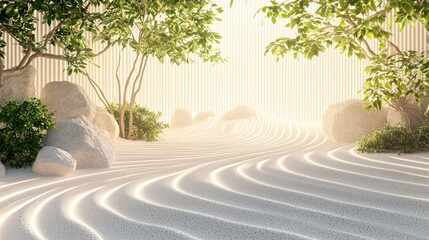 Canvas Print - Zen Garden With White Sand  Stones  And Lush Green Plants