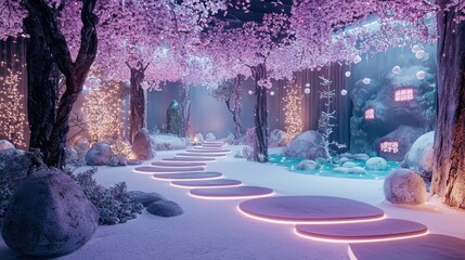 Poster - Magical Winter Wonderland Scene with Illuminated Path and Snowy Landscape