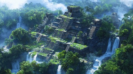 Canvas Print - Ancient Mayan Pyramid in Lush Jungle with Waterfalls