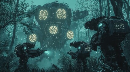 Wall Mural - Futuristic Robots in a Mystical Forest