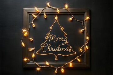 Christmas decorations created using gold Christmas lights arranged in a single line. The garlands form the outline of xmas tree and the inscription “Merry Christmas”.