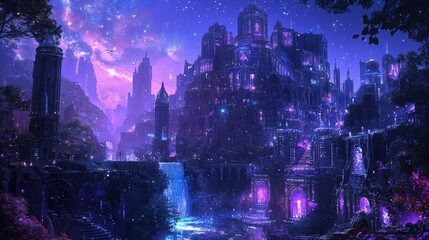 Poster - Fantasy Cityscape with Waterfall  Night Sky  and Stars