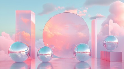 Canvas Print - Pastel Sky Abstract with Glass Shapes and Spheres