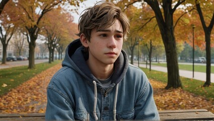 Portrait of a teenage boy in an autumn park. Teenage boy looking at the camera.