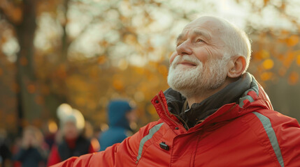 Wall Mural - A close-up view of a senior man in a red jacket, happily stretching in a park, with other people in the background