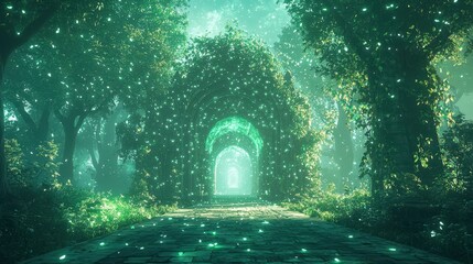 Sticker - Mystical Forest Path with Glowing Lights and Stone Archway