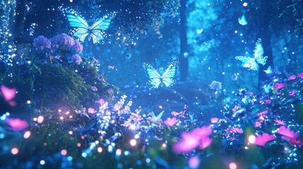 Poster - Enchanted Forest at Night with Glowing Butterflies and Flowers