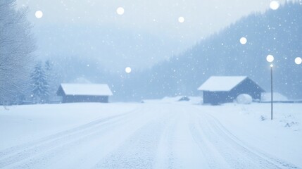 Poster - A serene winter night where shimmering snowflakes fall gently onto a quiet, snow-covered village.